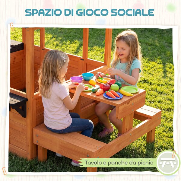 Casetta in Legno AIYAPLAY, Gioco Interno/Esterno per Bambini 3-8 Anni con Tavolo e Panche, Marrone | Aosom Italy