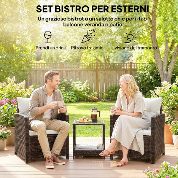 Outsunny Set da Giardino 3pz in Rattan PE e Acciaio con 2 Poltrone con Cuscini e Tavolino da Caffè, Marrone e Crema | Aosom Italy