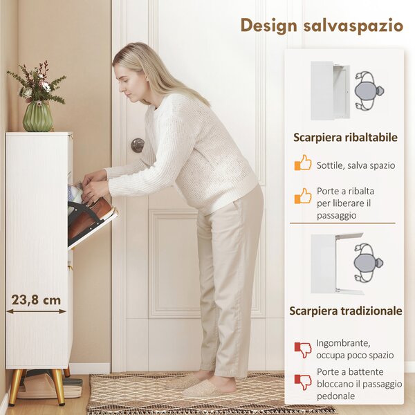 HOMCOM Scarpiera Salvaspazio Slim con Ante a Ribalta, Scarpiera Ingresso con Ripiani Regolabili, per 12 Paia, Bianco | Aosom Italy