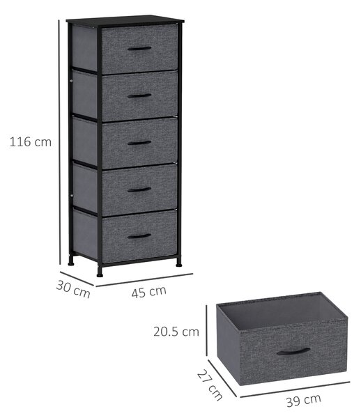 HOMCOM Cassettiera 5 cassetti, cassetti in tessuto pieghevoli, struttura in acciaio nera, 45 x 30 x 116 cm Grigio scuro | Aosom Italy