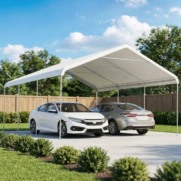 Carport Garage Portatile 500x600x310 cm 2 Posti Auto in Acciaio Galvanizzato Crema