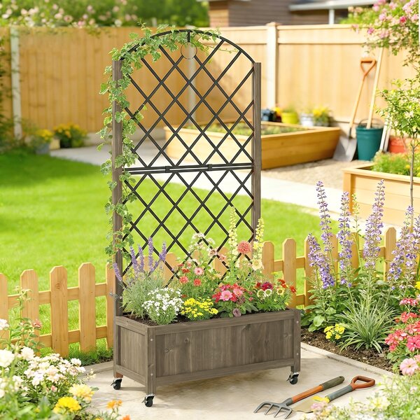 Outsunny Fioriera con traliccio in acciaio, vasca da fiori su ruote bloccabili in legno, 72 x 36 x 168 cm, Finitura Carbonizzata | Aosom Italy