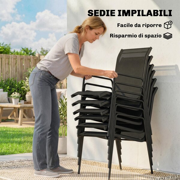 Outsunny Set da Esterno 7pz in Acciaio con 6 Sedie Impilabili in Texteline e Tavolino da Caffè con Piano in Vetro, Nero | Aosom Italy