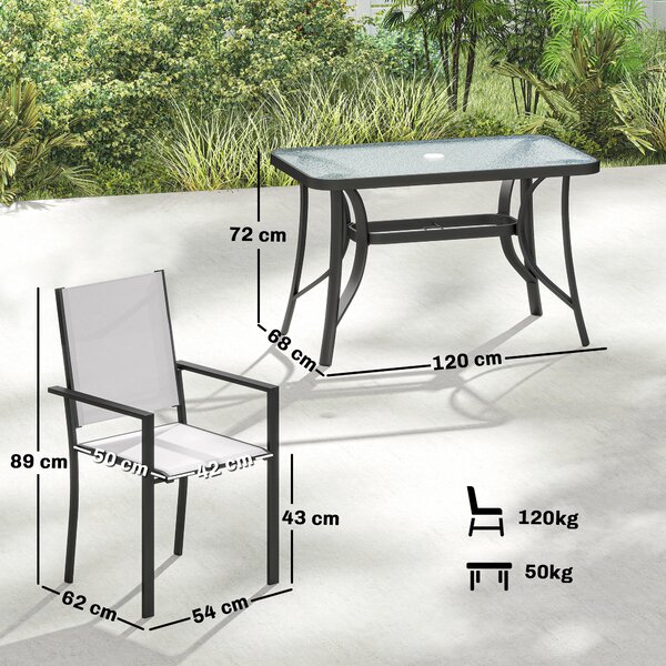 Outsunny Set da Giardino 5pz con 4 Sedie Impilabili e Tavolo in Vetro Temperato con Foro per Ombrellone, Grigio Chiaro | Aosom Italy