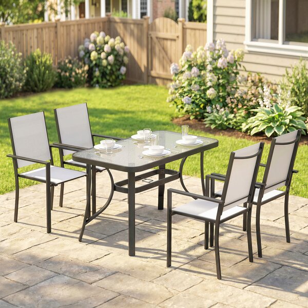 Outsunny Set da Giardino 5pz con 4 Sedie Impilabili e Tavolo in Vetro Temperato con Foro per Ombrellone, Grigio Chiaro | Aosom Italy