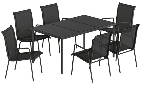 Outsunny Set da Esterno 7pz in Acciaio con 6 Sedie Impilabili in Texteline e Tavolino da Caffè con Piano in Vetro, Nero | Aosom Italy