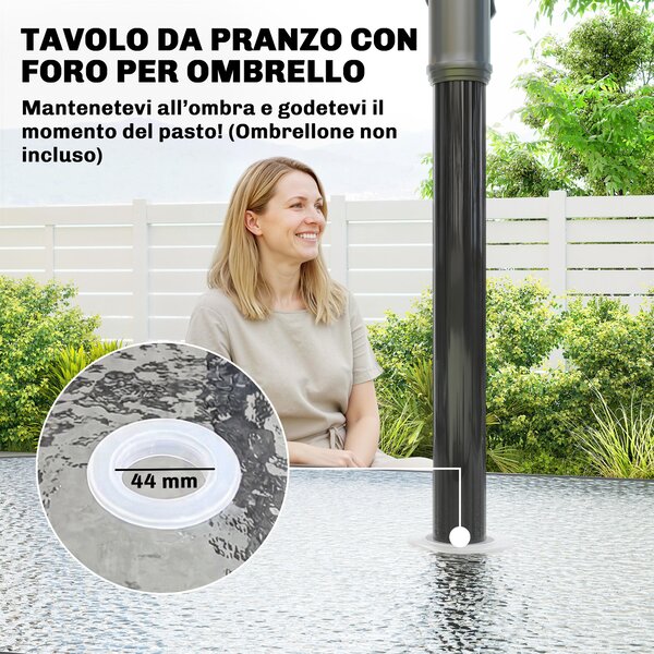 Outsunny Set da Giardino 5pz con 4 Sedie Impilabili e Tavolo in Vetro Temperato con Foro per Ombrellone, Grigio Chiaro | Aosom Italy