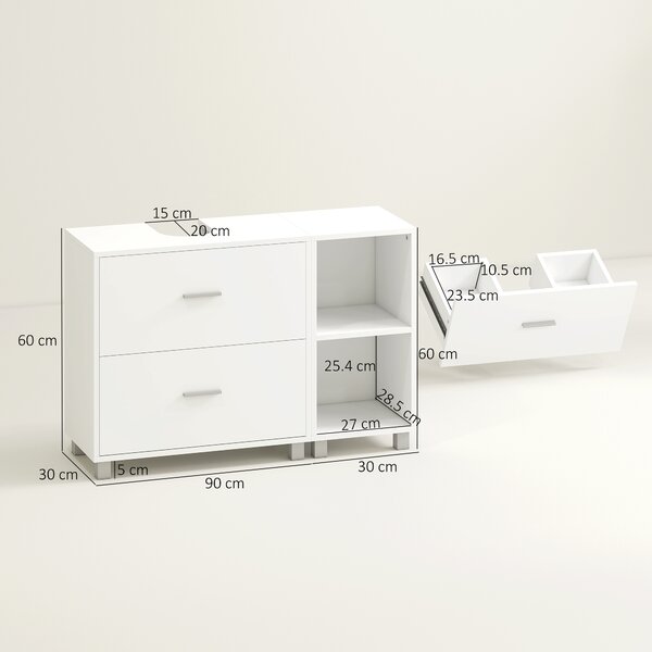 HOMCOM Mobile Sottolavabo Bagno con 2 Cassetti e Ripiani Aperti, in Legno, 90x30x60 cm, Bianco | Aosom Italy