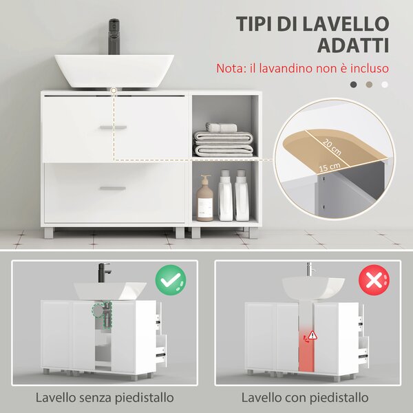 HOMCOM Mobile Sottolavabo Bagno con 2 Cassetti e Ripiani Aperti, in Legno, 90x30x60 cm, Bianco | Aosom Italy