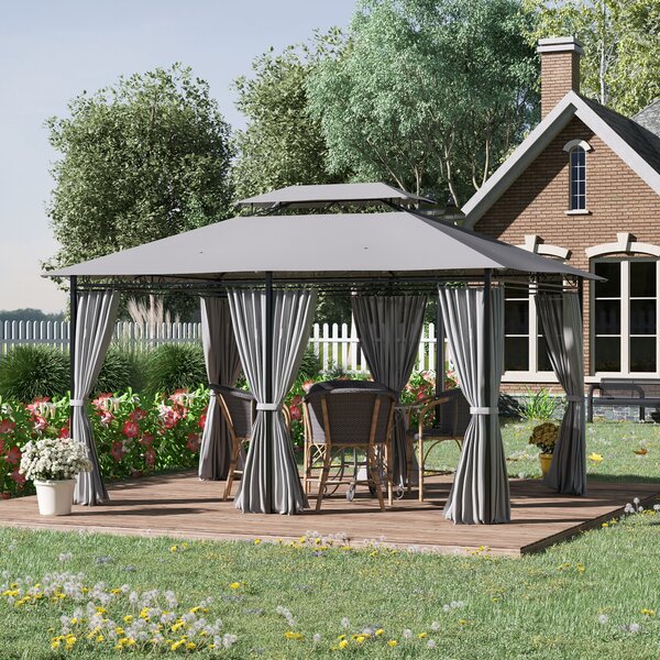 Gazebo da Giardino 300x400x275 cm con 6 Tende e Tetto a 2 Livelli in Acciaio e Poliestere Grigio Scuro