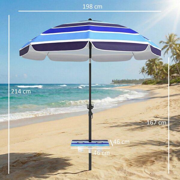 Outsunny Ombrellone da Spiaggia con Tavolino e Portabicchieri, in Metallo e Poliestere, Ø198x214 cm, Multicolore | Aosom Italy