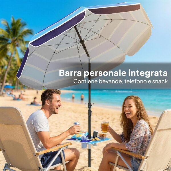 Outsunny Ombrellone da Spiaggia con Tavolino e Portabicchieri, in Metallo e Poliestere, Ø198x214 cm, Multicolore | Aosom Italy