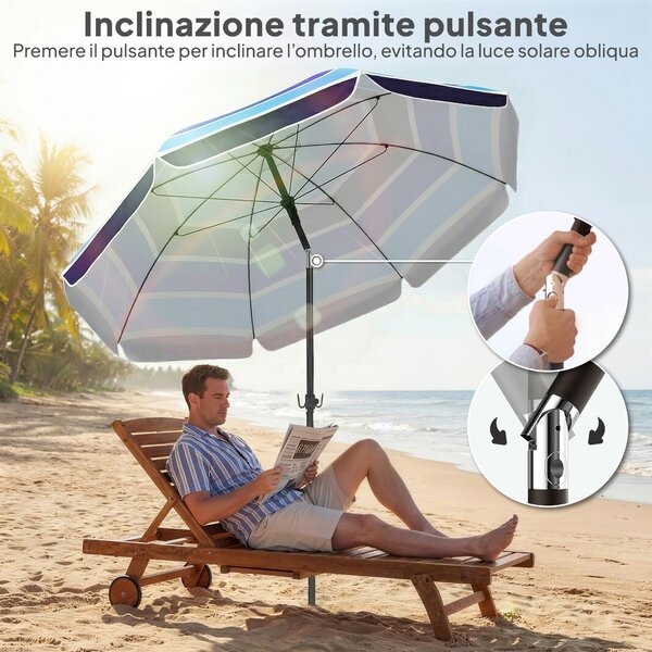 Outsunny Ombrellone da Spiaggia con Tavolino e Portabicchieri, in Metallo e Poliestere, Ø198x214 cm, Multicolore | Aosom Italy