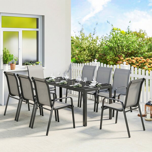 Outsunny Set da Esterno 9pz con 8 Sedie Impilabili in Texteline e Tavolino da Caffè con Piano in Vetro, Grigio Chiaro | Aosom Italy