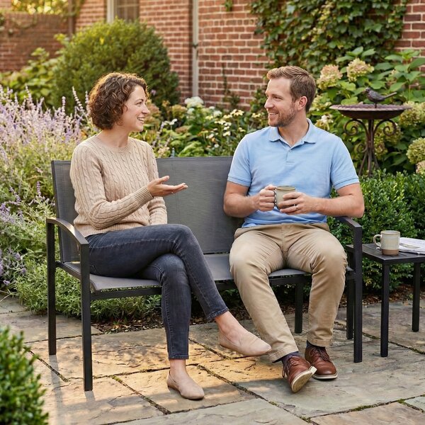 Outsunny panca da giardino in metallo, 2 posti, tessuto traspirante Texteline, colore grigio. | Aosom Italy