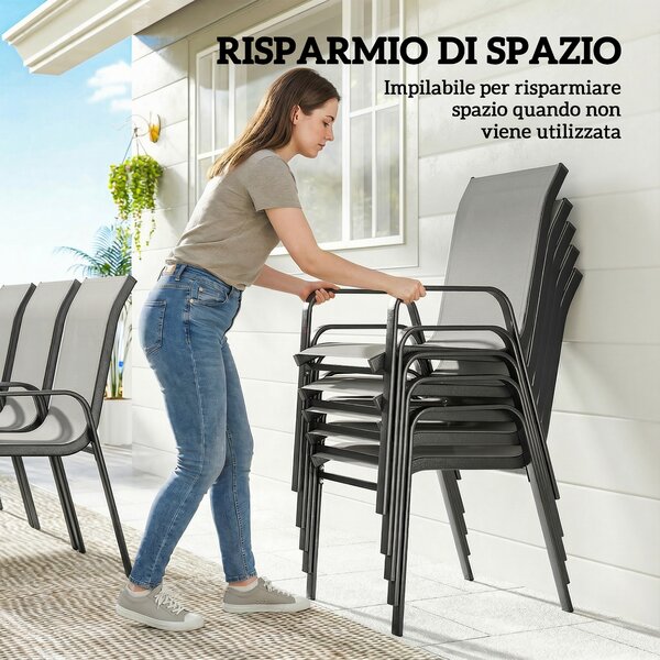 Outsunny Set da Esterno 9pz con 8 Sedie Impilabili in Texteline e Tavolino da Caffè con Piano in Vetro, Grigio Chiaro | Aosom Italy