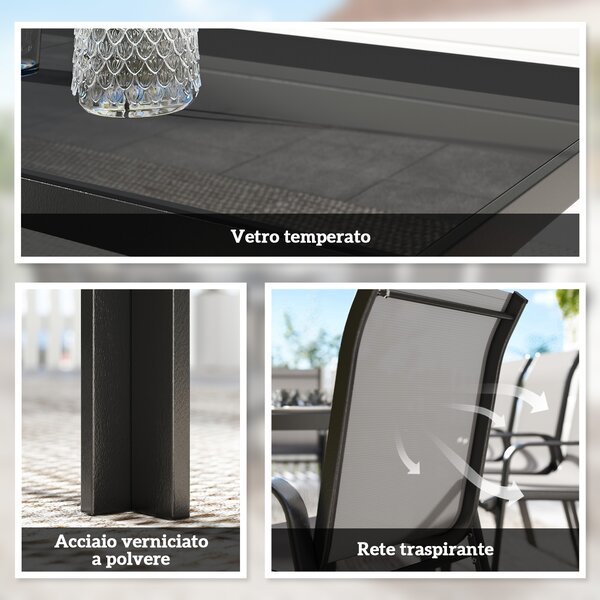 Outsunny Set da Esterno 9pz con 8 Sedie Impilabili in Texteline e Tavolino da Caffè con Piano in Vetro, Grigio Chiaro | Aosom Italy