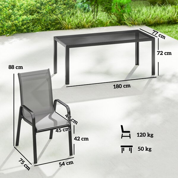 Outsunny Set da Esterno 9pz con 8 Sedie Impilabili in Texteline e Tavolino da Caffè con Piano in Vetro, Grigio Chiaro | Aosom Italy