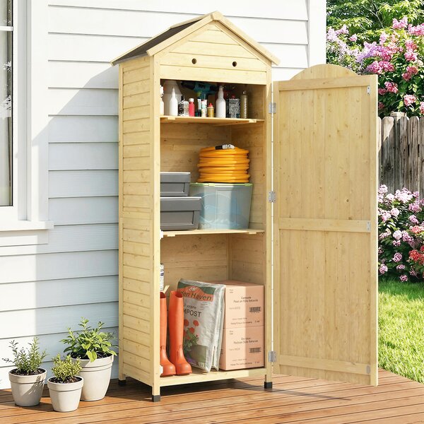 Outsunny Armadio da Giardino in Legno Tetto Acciaio Zincato Texture Goffrata Ripiani Regolabili 85x58x213cm Legno Naturale | Aosom Italy