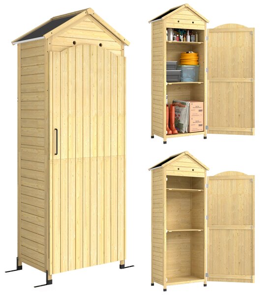 Outsunny Armadio da Giardino in Legno Tetto Acciaio Zincato Texture Goffrata Ripiani Regolabili 85x58x213cm Legno Naturale | Aosom Italy