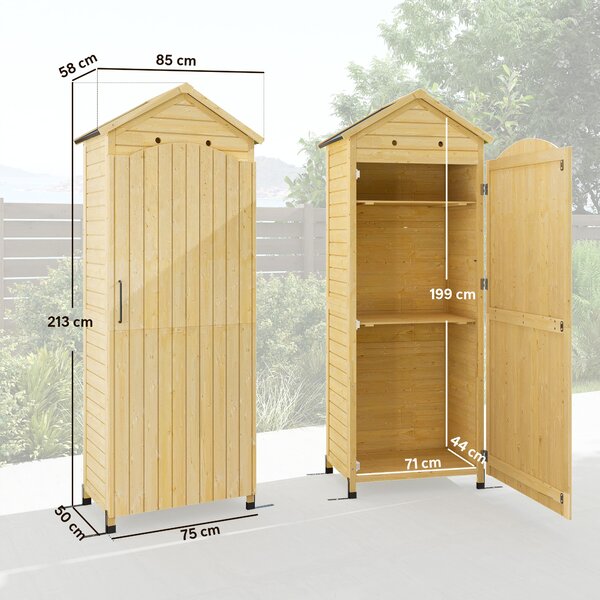 Outsunny Armadio da Giardino in Legno Tetto Acciaio Zincato Texture Goffrata Ripiani Regolabili 85x58x213cm Legno Naturale | Aosom Italy