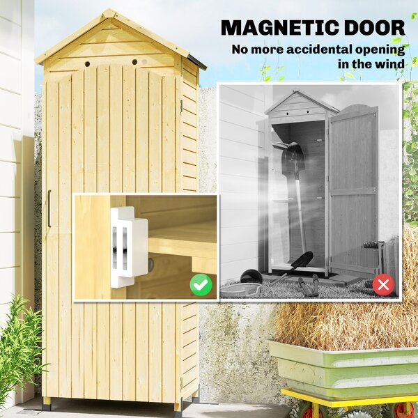 Outsunny Armadio da Giardino in Legno Tetto Acciaio Zincato Texture Goffrata Ripiani Regolabili 85x58x213cm Legno Naturale | Aosom Italy