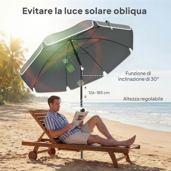 Outsunny Ombrellone da Spiaggia Inclinabile con Ancora per la Sabbia e Borsa da Trasporto, Ø150x185 cm, Grigio Scuro | Aosom Italy