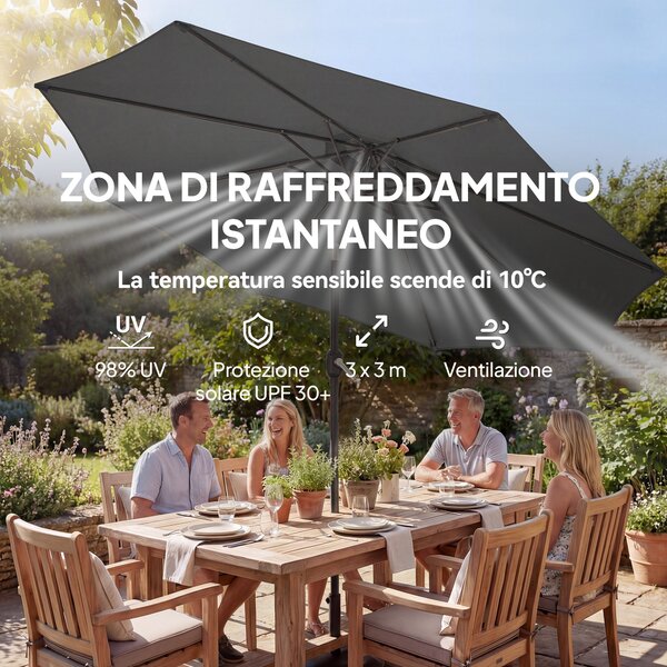 Outsunny Ombrellone Rotondo Inclinabile 3x3 m con Manovella, in Metallo e Poliestere, Grigio Scuro | Aosom Italy