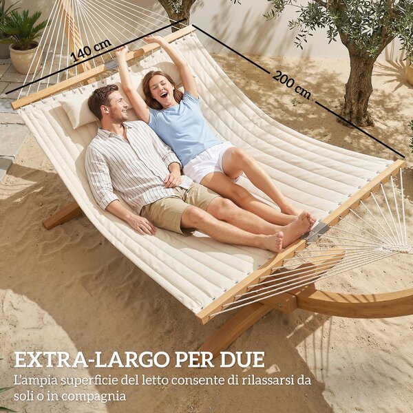 Outsunny Amaca da Giardino con Cuscino e Tasca, in Poliestere con Barre di Legno, 325x140x2.5 cm, Bianco Crema | Aosom Italy
