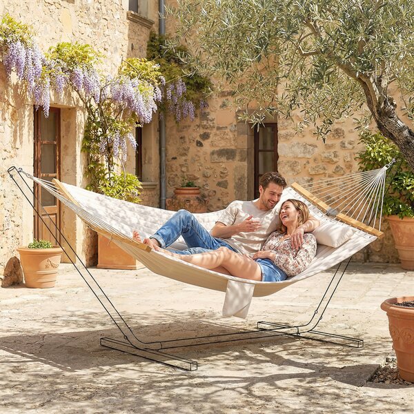 Outsunny Amaca da Giardino con Cuscino e Tasca, in Poliestere con Barre di Legno, 325x140x2.5 cm, Bianco Crema | Aosom Italy