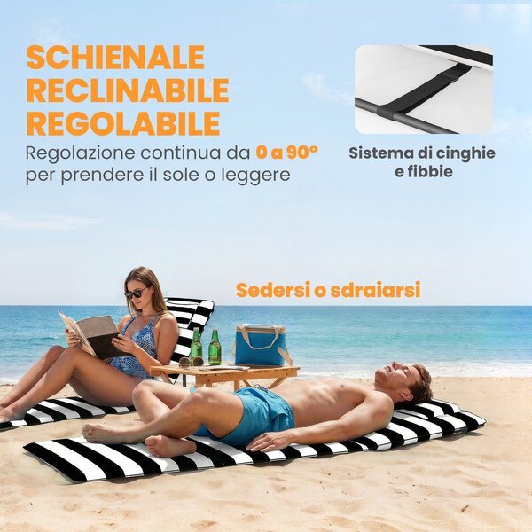 Outsunny Set 2 Sdraio da Spiaggia con Poggiatesta Imbottito, in Metallo e Tessuto Oxford, 146x50x2 cm, Grigio e Bianco | Aosom Italy