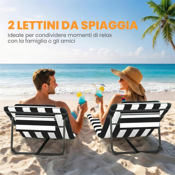 Outsunny Set 2 Sdraio da Spiaggia con Poggiatesta Imbottito, in Metallo e Tessuto Oxford, 146x50x2 cm, Grigio e Bianco | Aosom Italy