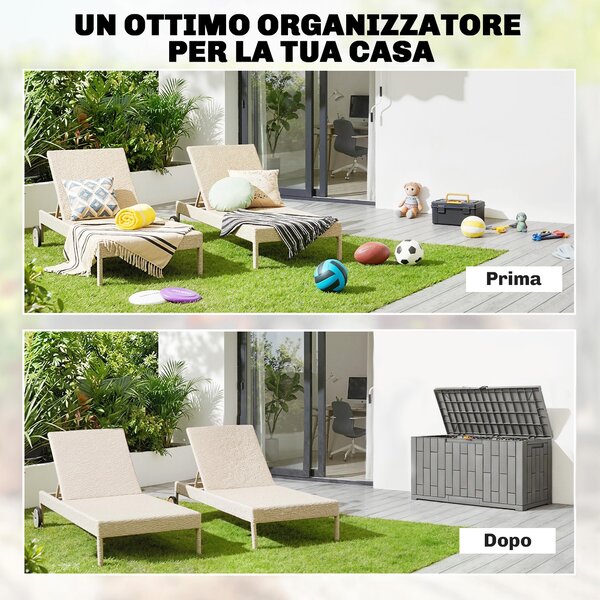 Outsunny Baule da Giardino 227L in Resina Impermeabile e Anti UV con Chiusura a Chiave, 106.5x43x54.5 cm, Grigio | Aosom Italy