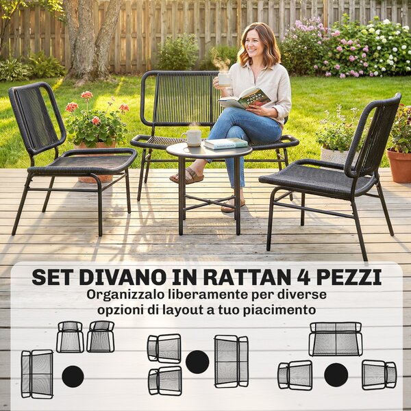 Outsunny Set Mobili Giardino Rattan 4 Pezzi, Divano Esterno con Tavolino Metallo, Nero | Aosom Italy