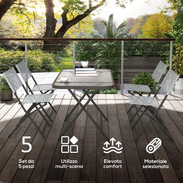 Outsunny Set Tavolo e Sedie da Giardino 5pz con 4 Sedie Pieghevoli in Texteline Traspirante, Grigio | Aosom Italy