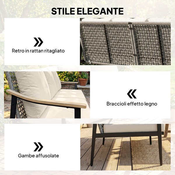 Outsunny Divano da Esterno a 3 Posti in Rattan con Braccioli Effetto Legno e Schienale, per Veranda, Cortile, Cachi | Aosom Italy