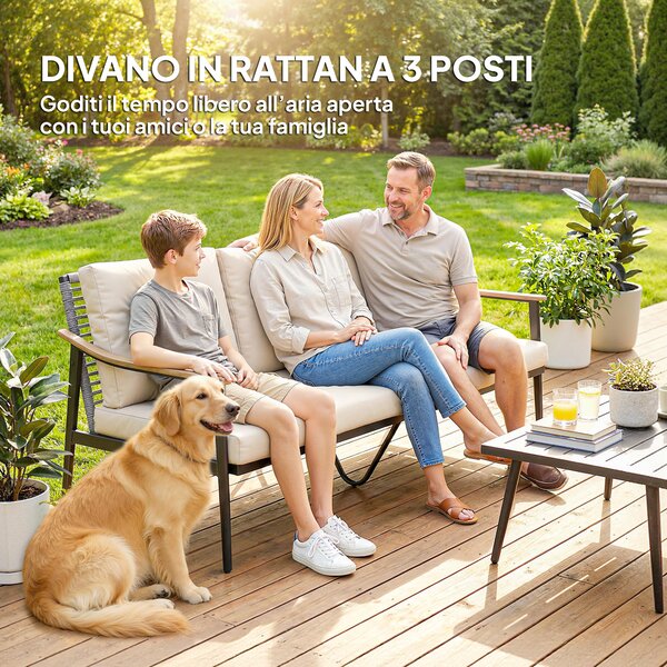 Outsunny Divano da Esterno a 3 Posti in Rattan con Braccioli Effetto Legno e Schienale, per Veranda, Cortile, Cachi | Aosom Italy