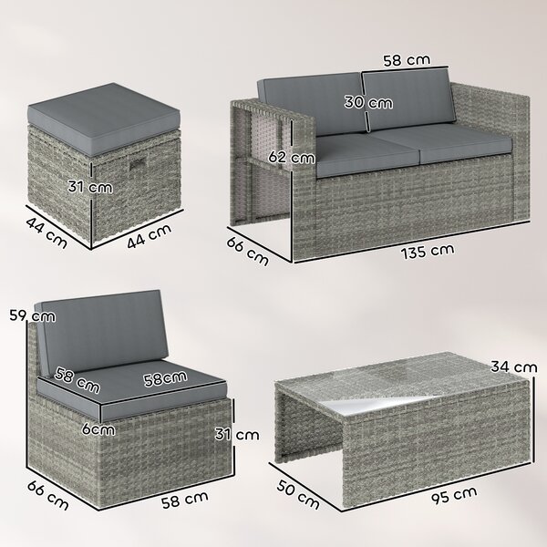 Outsunny Set da Esterno 6pz con Divano, 2 Sedie, Tavolino con Piano in Vetro e 2 Pouf, Grigio Scuro | Aosom Italy