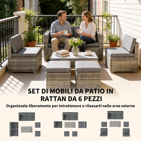 Outsunny Set da Esterno 6pz con Divano, 2 Sedie, Tavolino con Piano in Vetro e 2 Pouf, Grigio Scuro | Aosom Italy