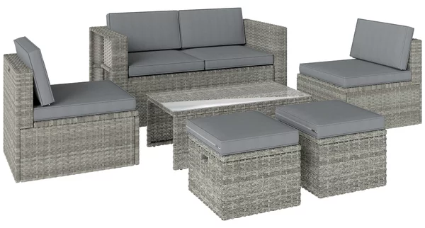Outsunny Set da Esterno 6pz con Divano, 2 Sedie, Tavolino con Piano in Vetro e 2 Pouf, Grigio Scuro | Aosom Italy