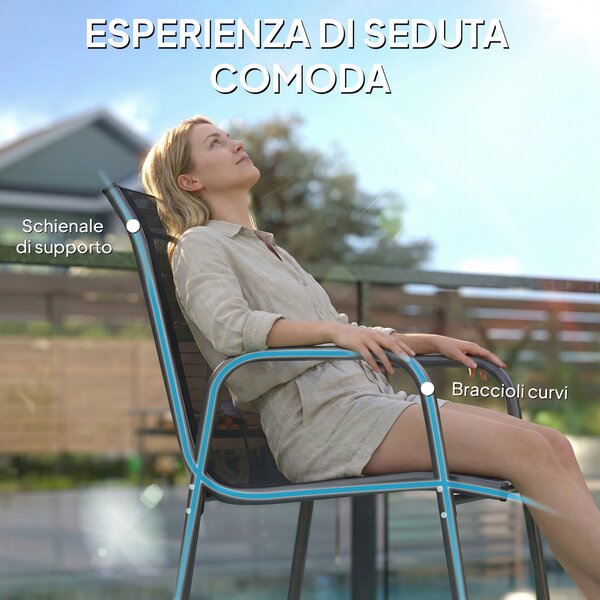 Outsunny Set 4 Sedie Impilabili e Traspiranti con Braccioli e Schienale Alto, in Metallo e Poliestere, 51L x 69P x 87A cm, Nero | Aosom Italy