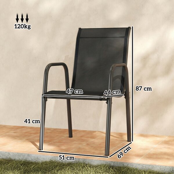 Outsunny Set 4 Sedie Impilabili e Traspiranti con Braccioli e Schienale Alto, in Metallo e Poliestere, 51L x 69P x 87A cm, Nero | Aosom Italy