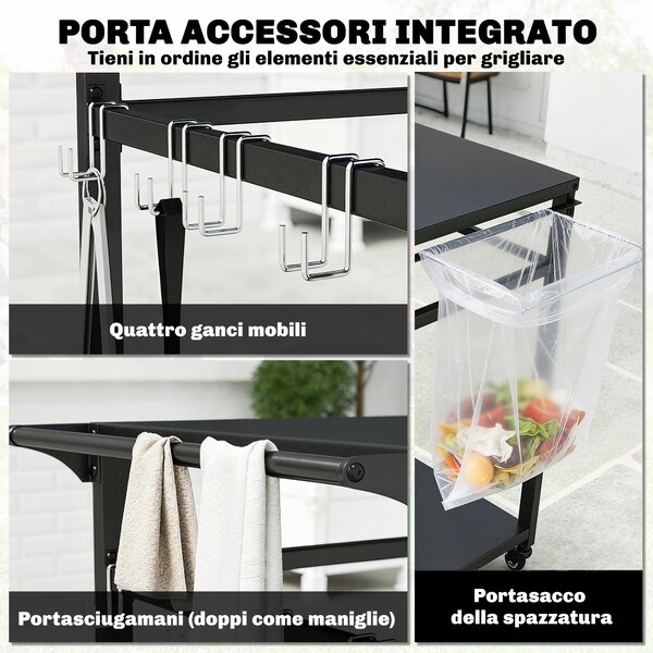 Outsunny Carrello Barbecue, 2 Ripiani, Supporto Pizza, Portasacchi e Ganci, Nero. | Aosom Italy