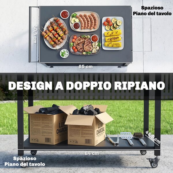 Outsunny Carrello Barbecue, 2 Ripiani, Supporto Pizza, Portasacchi e Ganci, Nero. | Aosom Italy