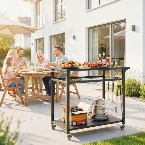 Outsunny Carrello Barbecue, 2 Ripiani, Supporto Pizza, Portasacchi e Ganci, Nero. | Aosom Italy