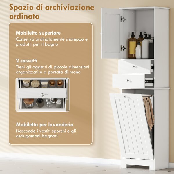 HOMCOM Mobile Bagno con Cesto per Biancheria Pieghevole, Armadietto e 2 Cassetti, in Legno, 45x30x171 cm, Bianco | Aosom Italy