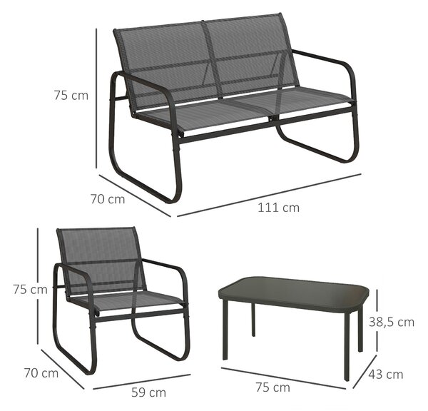Outsunny Garnitura da giardino 4 pezzi, 2 poltrone, divano 2 posti, tavolo con piano in vetro, tessuto traspirante, struttura metallica, nero | Aosom Italy