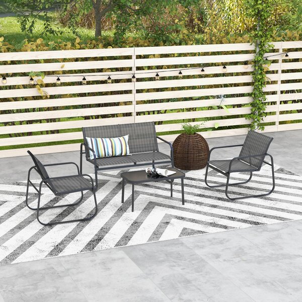 Outsunny Garnitura da giardino 4 pezzi, 2 poltrone, divano 2 posti, tavolo con piano in vetro, tessuto traspirante, struttura metallica, nero | Aosom Italy