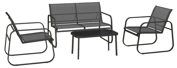 Outsunny Garnitura da giardino 4 pezzi, 2 poltrone, divano 2 posti, tavolo con piano in vetro, tessuto traspirante, struttura metallica, nero | Aosom Italy