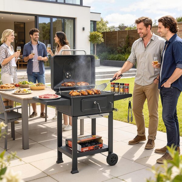 Outsunny Barbecue a Carbone, Affumicatore Portatile con Ventilazione, Termometro e Mensole Laterali, Nero | Aosom Italy